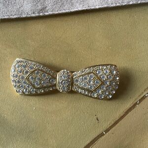 Gold Bow Brooch with Rhinestones